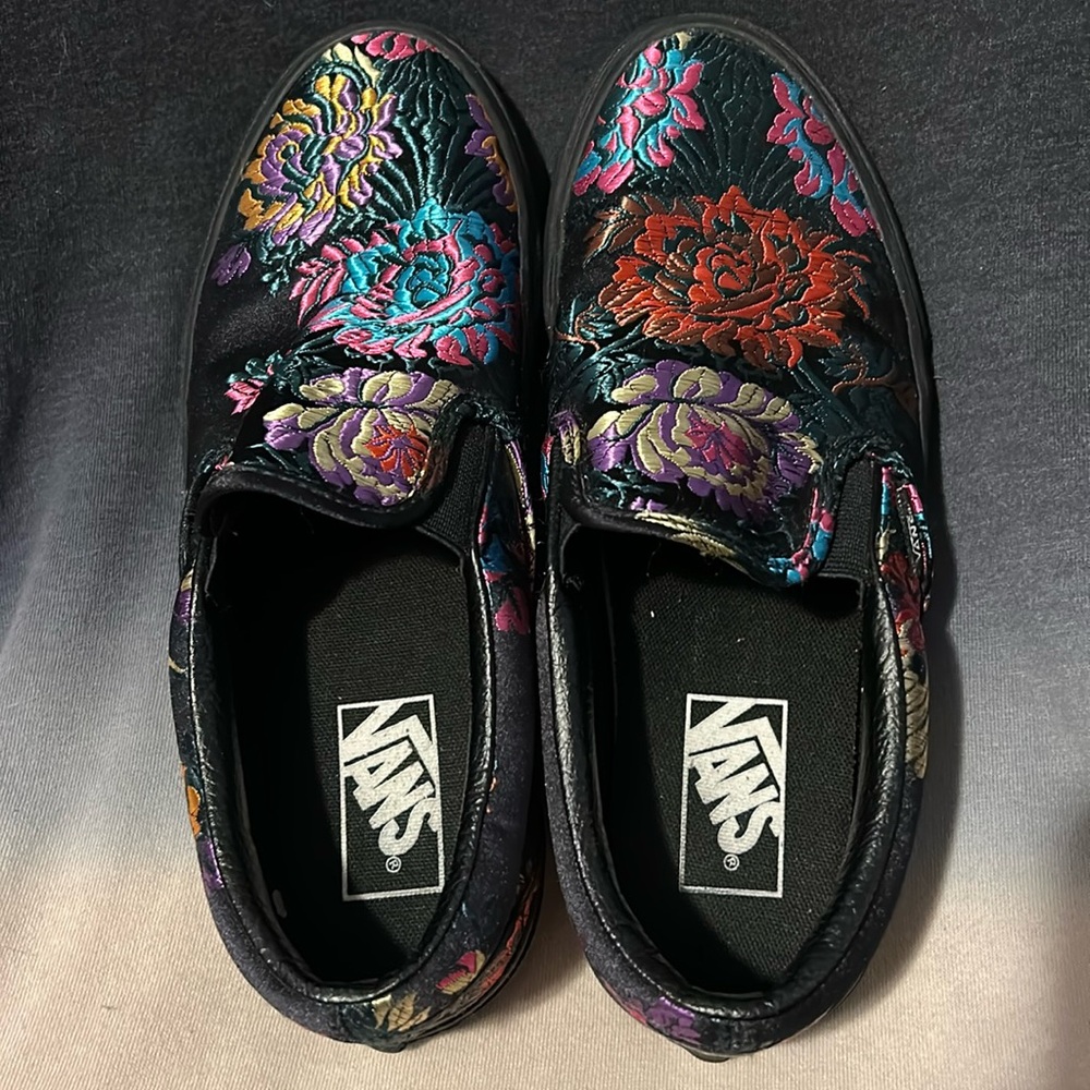 Asian Floral Satin Slip On Vans